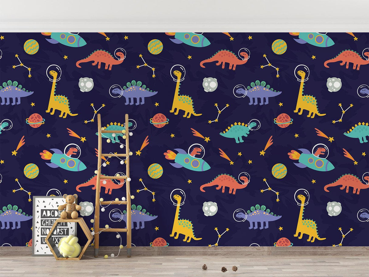 Kids reading nook with the dinosaur space wallpaper, showing how it creates a cozy story corner