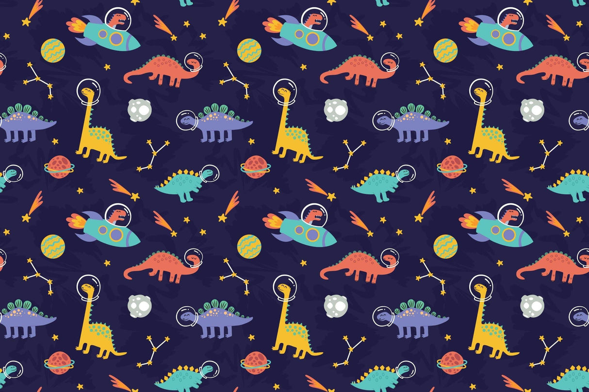 Design file of playful astronaut dinosaurs floating in space with planets and stars