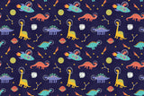Design file of playful astronaut dinosaurs floating in space with planets and stars