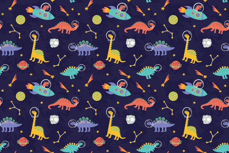 Design file of playful astronaut dinosaurs floating in space with planets and stars