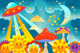 Space fantasy wallpaper design file showing detailed UFO and mushroom pattern in vibrant colors