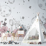 Space nursery wallpaper showcased in a peaceful bedroom setting