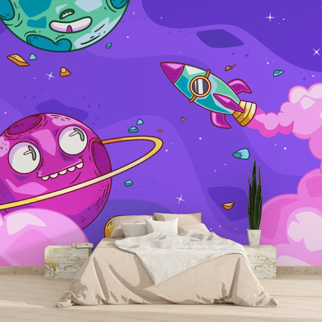 Space themed wallpaper bringing joy to a modern nursery with playful planets and rockets
