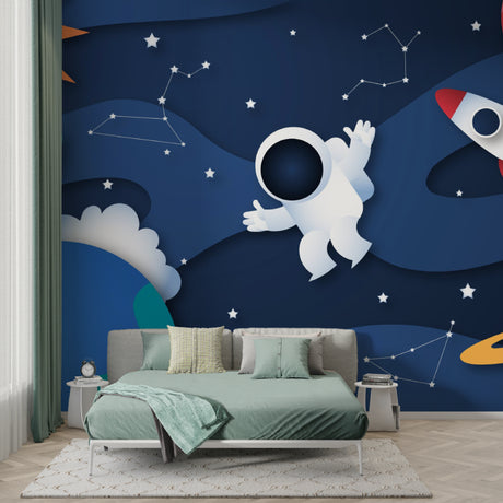 Space wallpaper bringing cosmic adventure to a modern kids bedroom with floating astronaut and stars