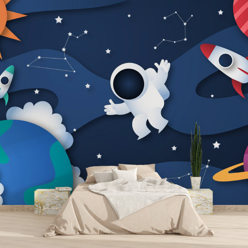 3D astronaut wallpaper creating a magical atmosphere in a cozy reading nook