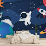 3D astronaut wallpaper creating a magical atmosphere in a cozy reading nook