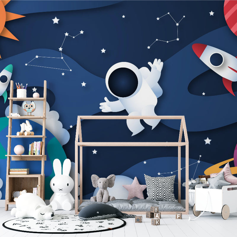 Space-themed mural transforming a playroom into an educational cosmic zone
