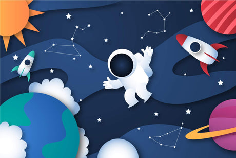 Design file showing detailed 3D astronaut and constellation pattern with paper-cut style elements