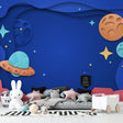 Space mural wallpaper bringing cosmic wonder to a modern kids bedroom with floating 3D planets