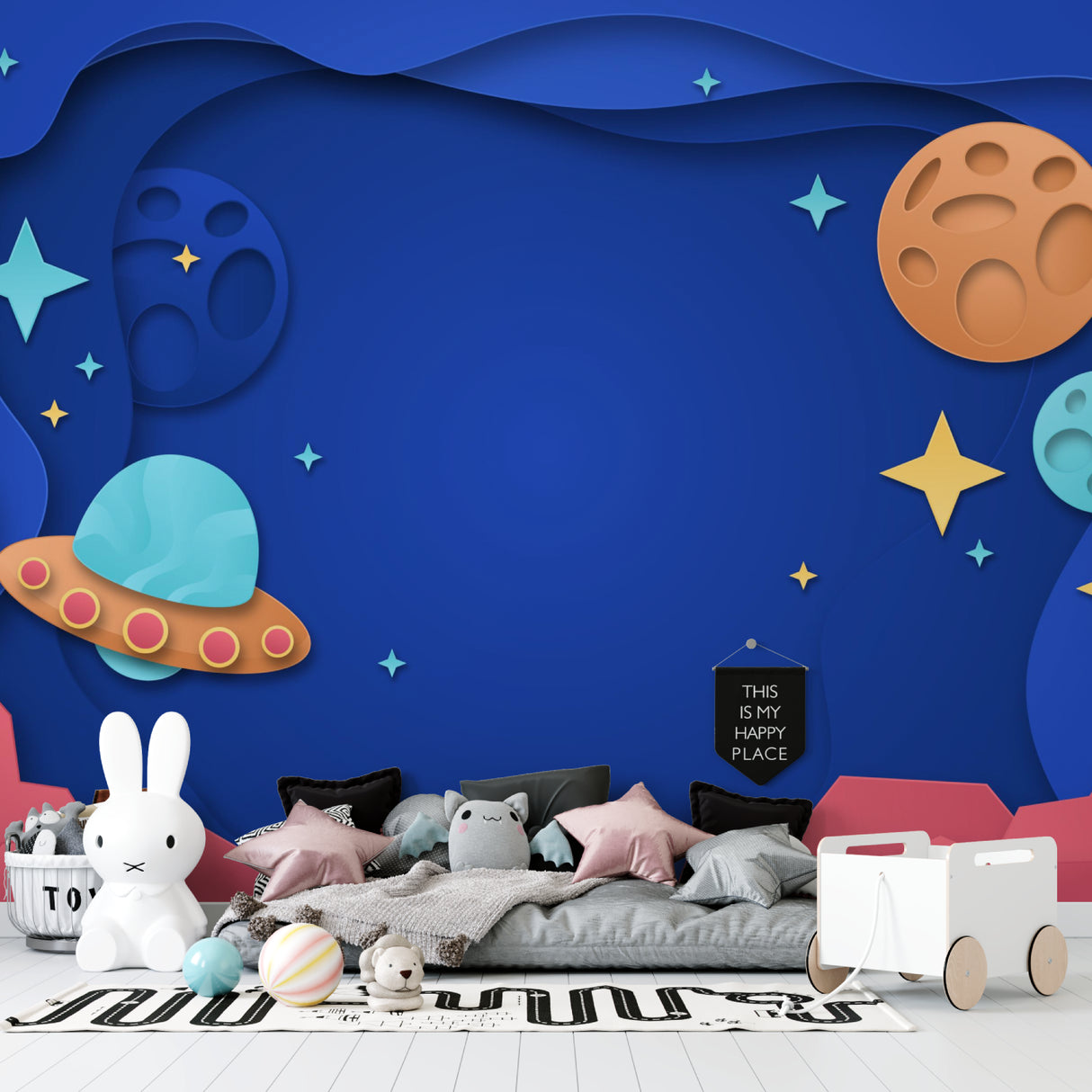 Space mural wallpaper bringing cosmic wonder to a modern kids bedroom with floating 3D planets