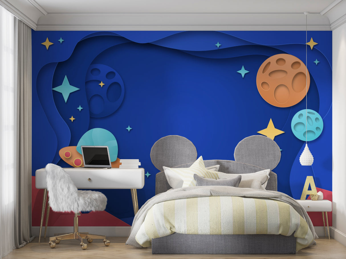 3D galaxy wallpaper creating magic in a cozy playroom with starry night effect