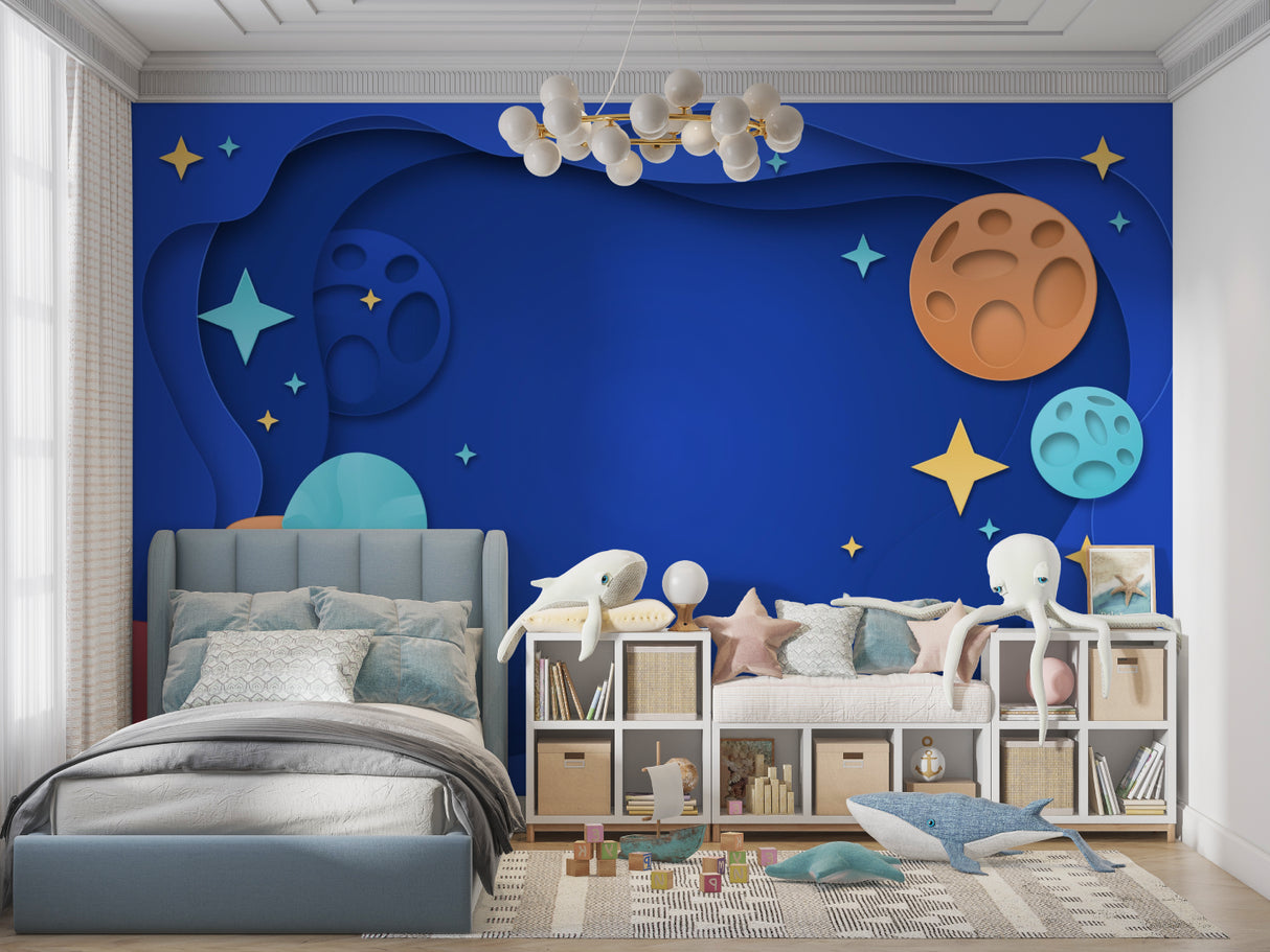 Planets wallpaper adding cosmic flair to a gaming room with 3D space elements