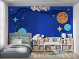 Planets wallpaper adding cosmic flair to a gaming room with 3D space elements