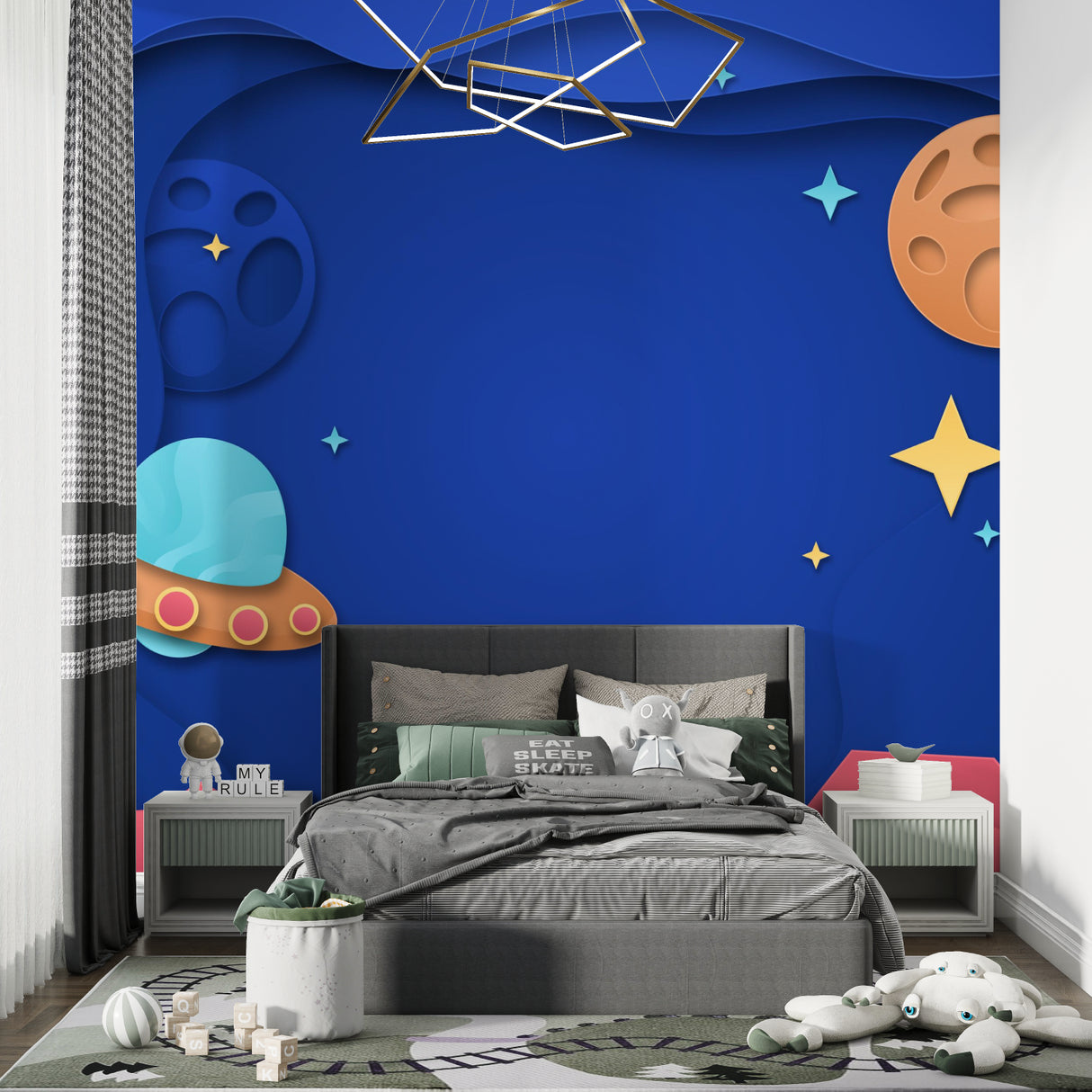 Galaxy mural wallpaper creating depth in a teen bedroom with copper and turquoise planets