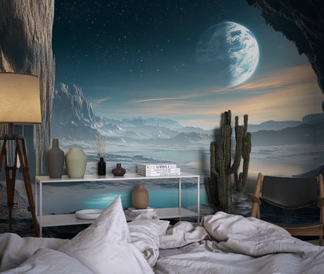 Space mural wallpaper in modern living room showing alien planet above desert landscape