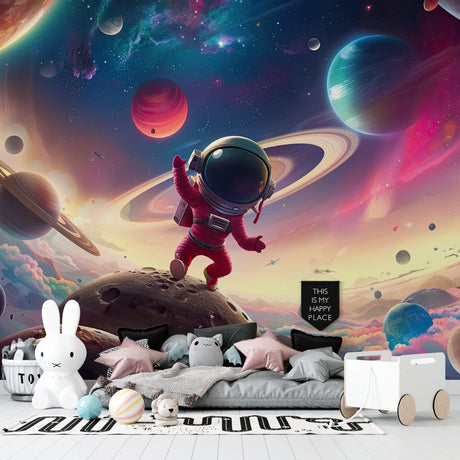 Space adventure wallpaper creating cosmic dreams in modern kids bedroom with astronaut and galaxy theme