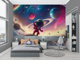 Astronaut wall mural bringing space wonder to playroom with colorful planets and stars