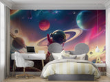 Space themed wallpaper transforming teen bedroom into cosmic exploration zone