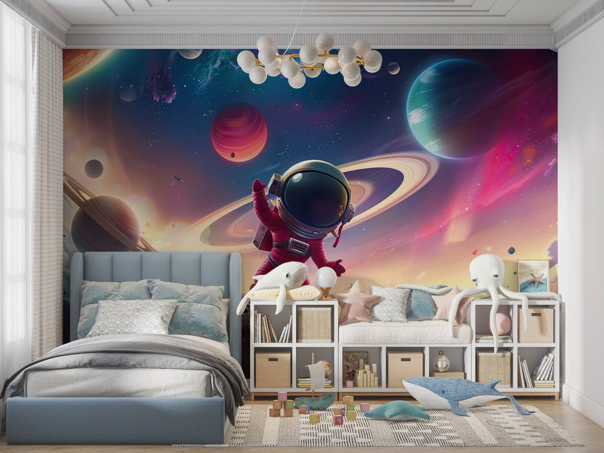 Space mural wallpaper adding cosmic touch to gaming room with vibrant colors