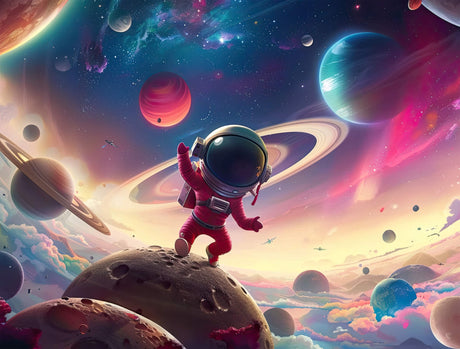 Design file showing detailed astronaut and galaxy pattern with rich cosmic colors