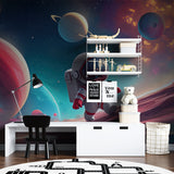 Astronaut wallpaper creating a magical atmosphere in a cozy reading nook