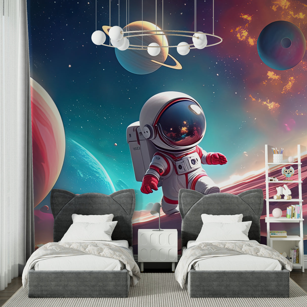 Space themed wallpaper transforming a playroom into an imaginative galaxy adventure