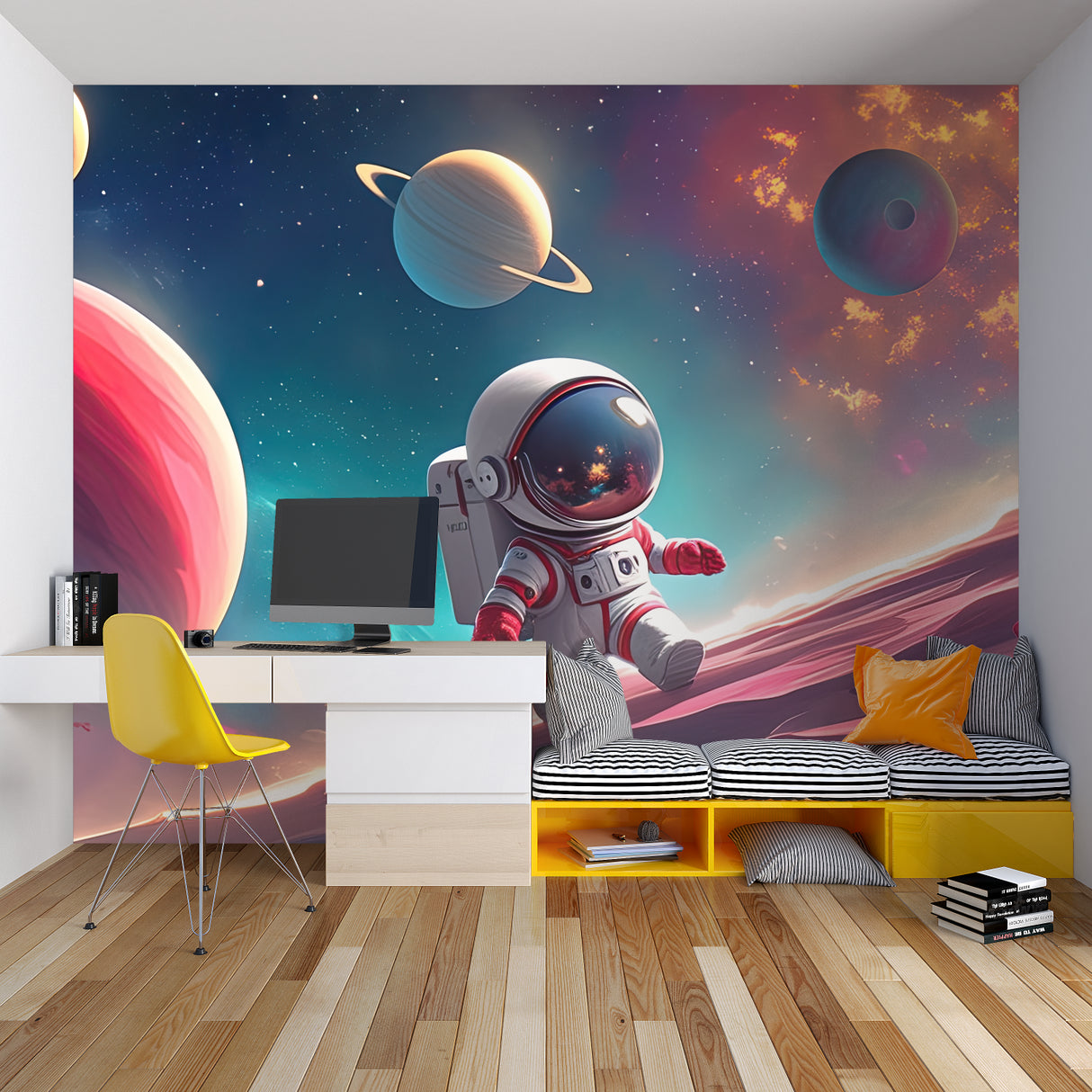 Galaxy mural wallpaper making a stunning impact in a modern home office