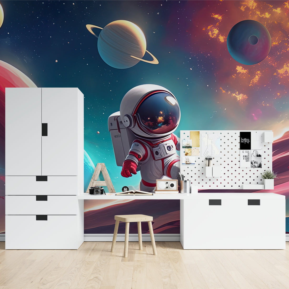 Space exploration wallpaper adding wonder to a teen gaming room