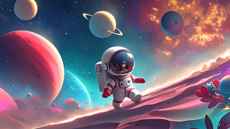 Design file showing detailed astronaut and planet pattern against vibrant nebula background