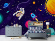 Space exploration wallpaper creating cosmic adventure in modern kids bedroom with purple and blue tones