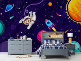 Space exploration wallpaper creating cosmic adventure in modern kids bedroom with purple and blue tones
