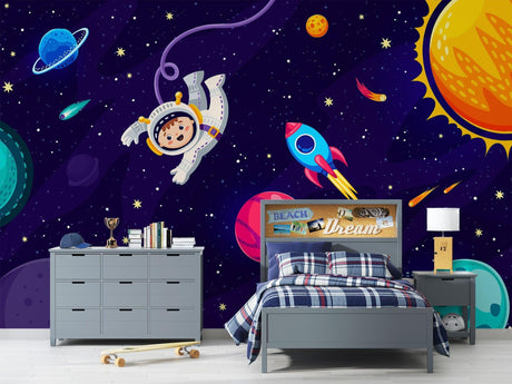 Space exploration wallpaper creating cosmic adventure in modern kids bedroom with purple and blue tones