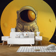 Space exploration wallpaper creating a stunning focal point in modern living room, golden moon astronaut design brightening the space