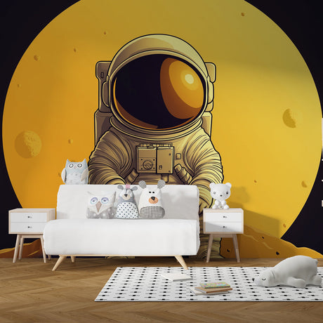 Space exploration wallpaper creating a stunning focal point in modern living room, golden moon astronaut design brightening the space