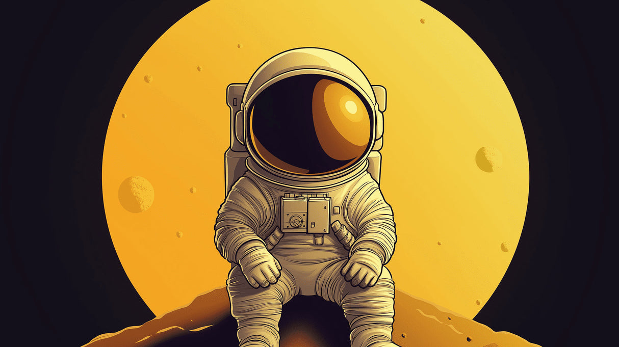Astronaut against golden moon design file showing detailed space exploration pattern and rich color palette
