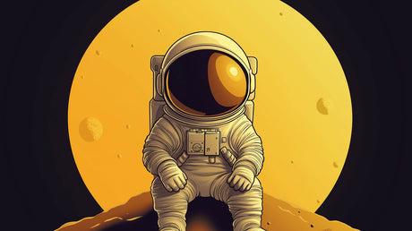 Astronaut against golden moon design file showing detailed space exploration pattern and rich color palette