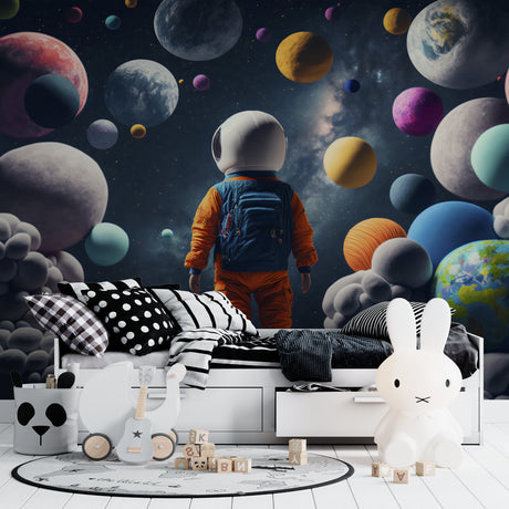 Space wallpaper in modern kids bedroom showing astronaut and planets design creating magical atmosphere