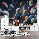 Astronaut wall mural displayed in cozy playroom with reading nook