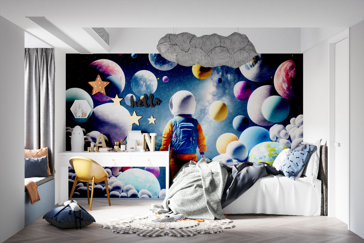 Space-themed wallpaper bringing color to nursery with rocking chair