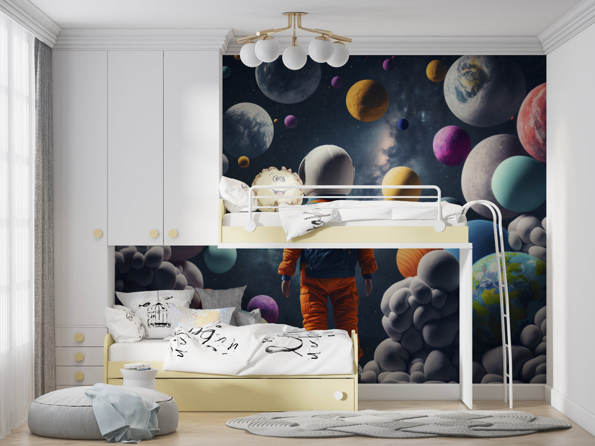 Space exploration mural creating impact in teen bedroom setting