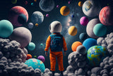 Design file of astronaut floating among vibrant planets in space wallpaper pattern
