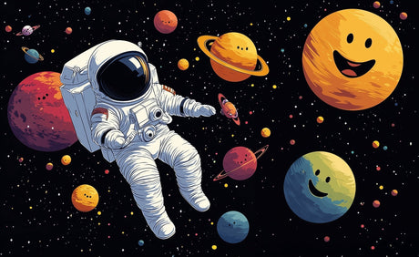Space mural wallpaper design file showing cheerful planets and astronaut pattern on dark cosmic background
