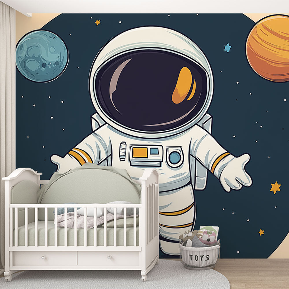 Space themed wallpaper with astronaut and planets shown in a bright modern nursery, creating a magical atmosphere