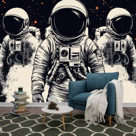 Space Mural Wallpaper featuring astronaut design in modern home office, creating a bold black and white focal wall