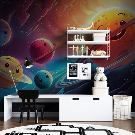 Space mural wallpaper bringing cosmic adventure to a modern teen bedroom with floating spheres and red planet backdrop