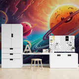 Space themed mural creating a bold statement in a creative home office space