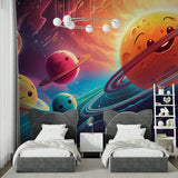 Cosmic explorer wallpaper adding depth to a children's study room with dreamy atmosphere