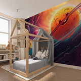 Red planet mural showcasing stunning details in a modern living room setting