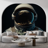 Space mural wallpaper with astronaut helmet design shown in modern gaming room with ambient lighting