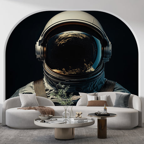 Space mural wallpaper with astronaut helmet design shown in modern gaming room with ambient lighting
